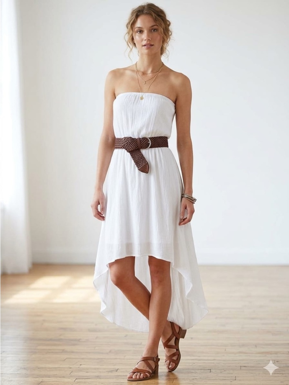 Guess Strapless White High-Low Dress with Brown Belt
